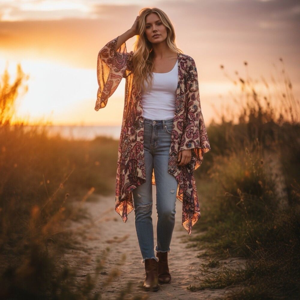 Gimmicks By Buckle Sz XS Kimono Floral Beaded Open Front Boho Fairy Hippie Style
